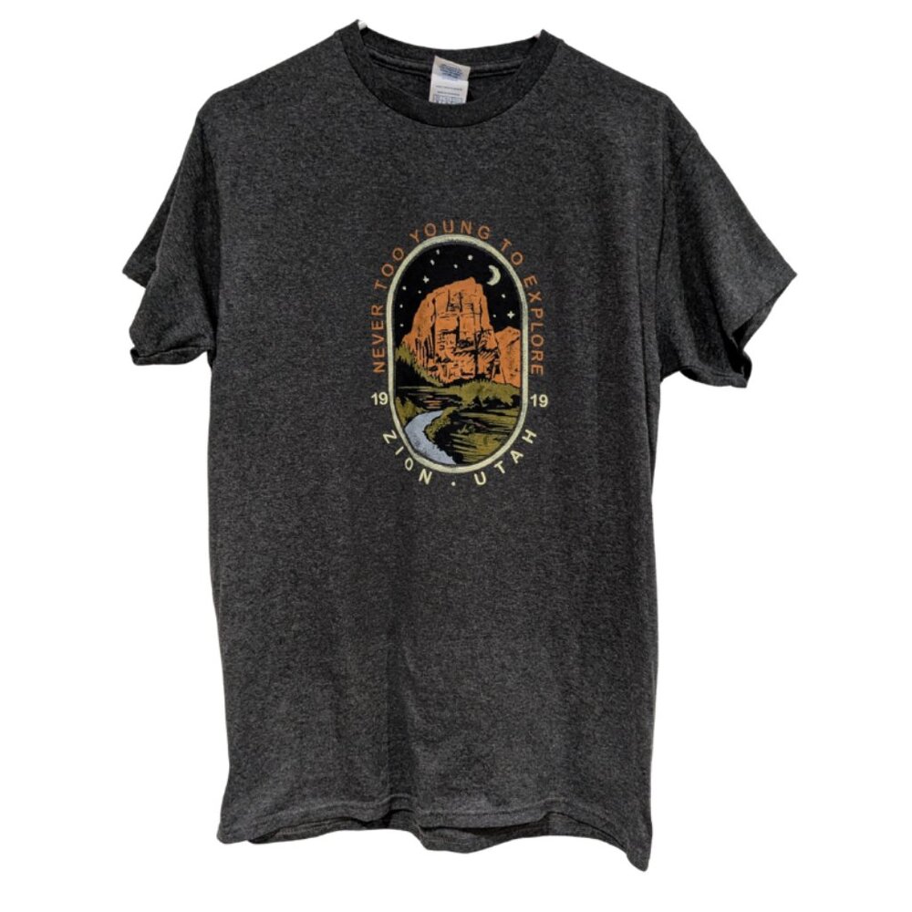 Zion Utah Men's T-Shirt, Gray, Medium, "Never Too Young Too Explore, Delta Pro